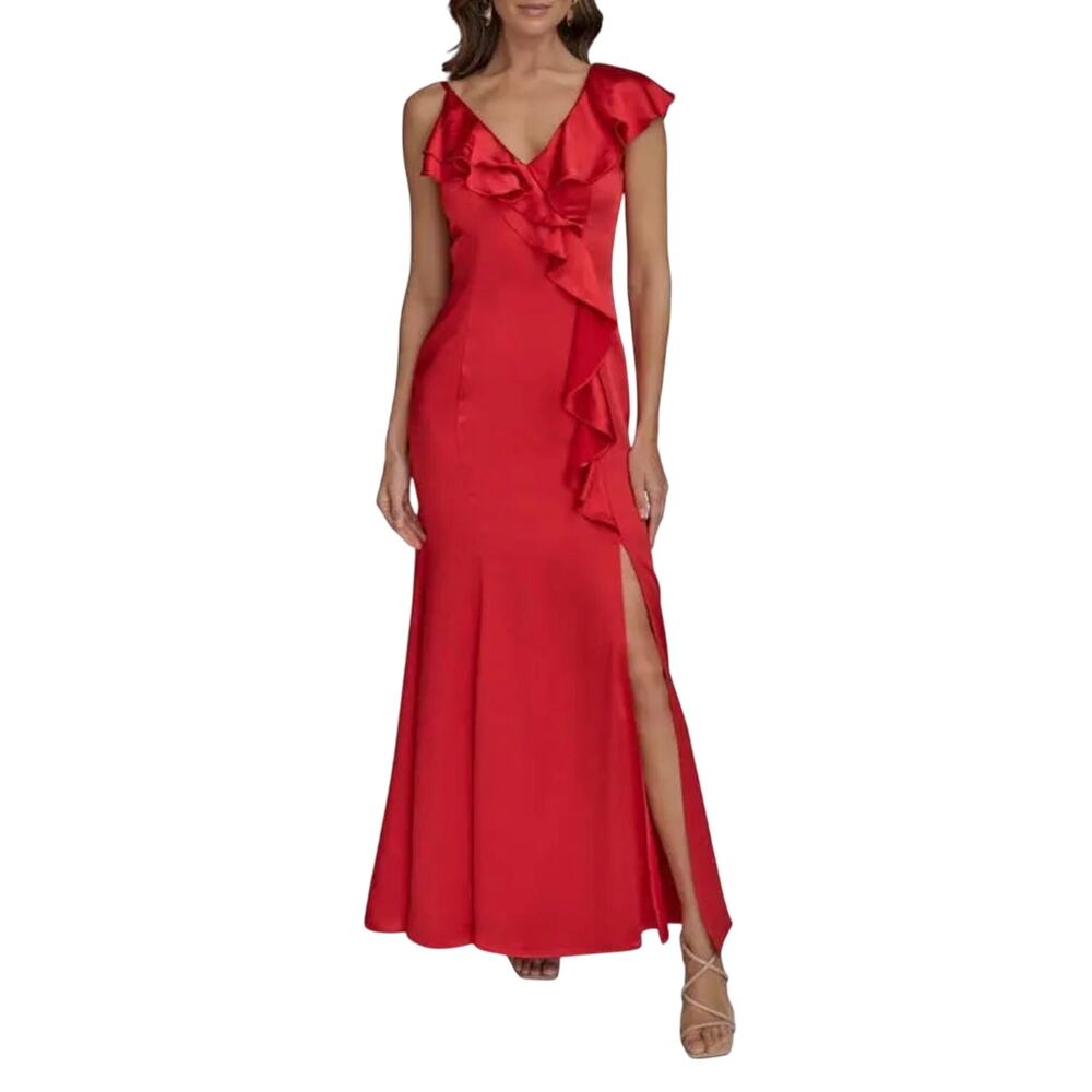 Donna Karan Red Evening Gown Satin Ruffled Long A-Line Formal Dress Size 8